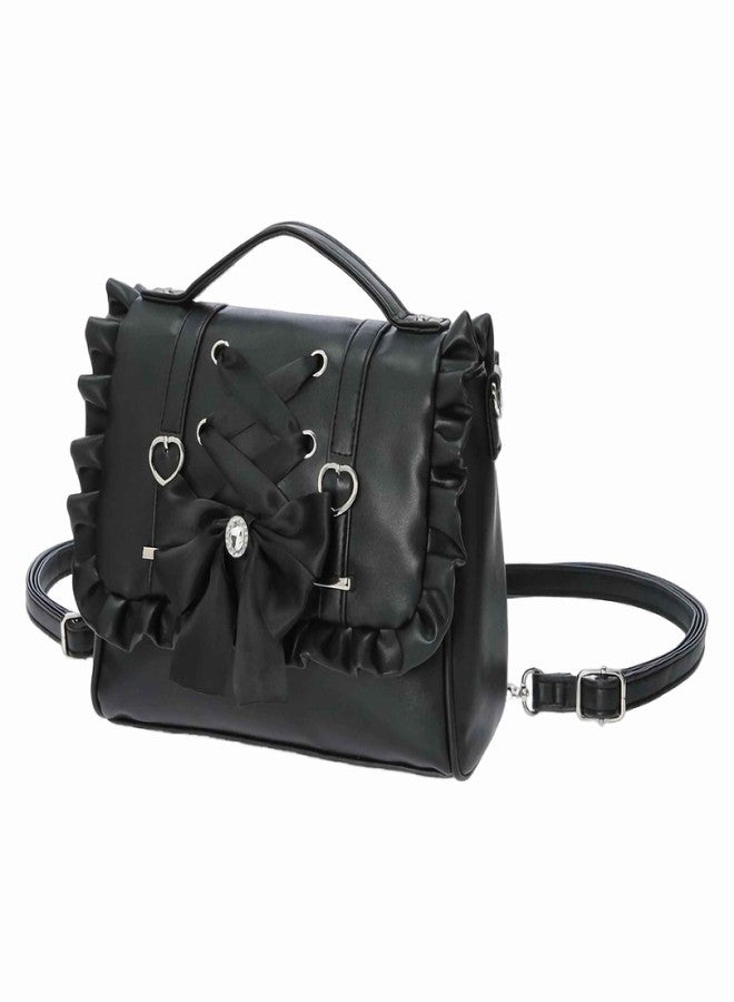 Winatehr small black cute bow purse, mini cutecore backpack for women, vegan leather satchel bag y2k purse, small crossbody japanese shoulder bag with ruffle, Jirai Kei coquette Shoujo girl lolita fashion - Image 1